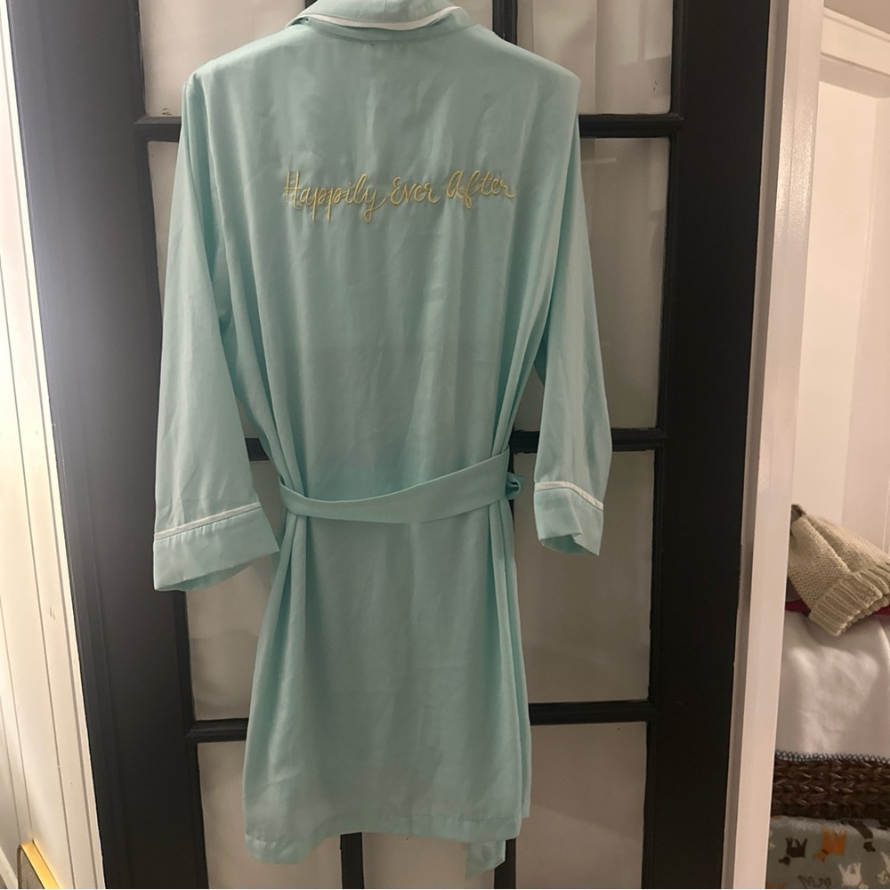 Kate Spade Aqua Robe with Gold Script “Happily Ever After”